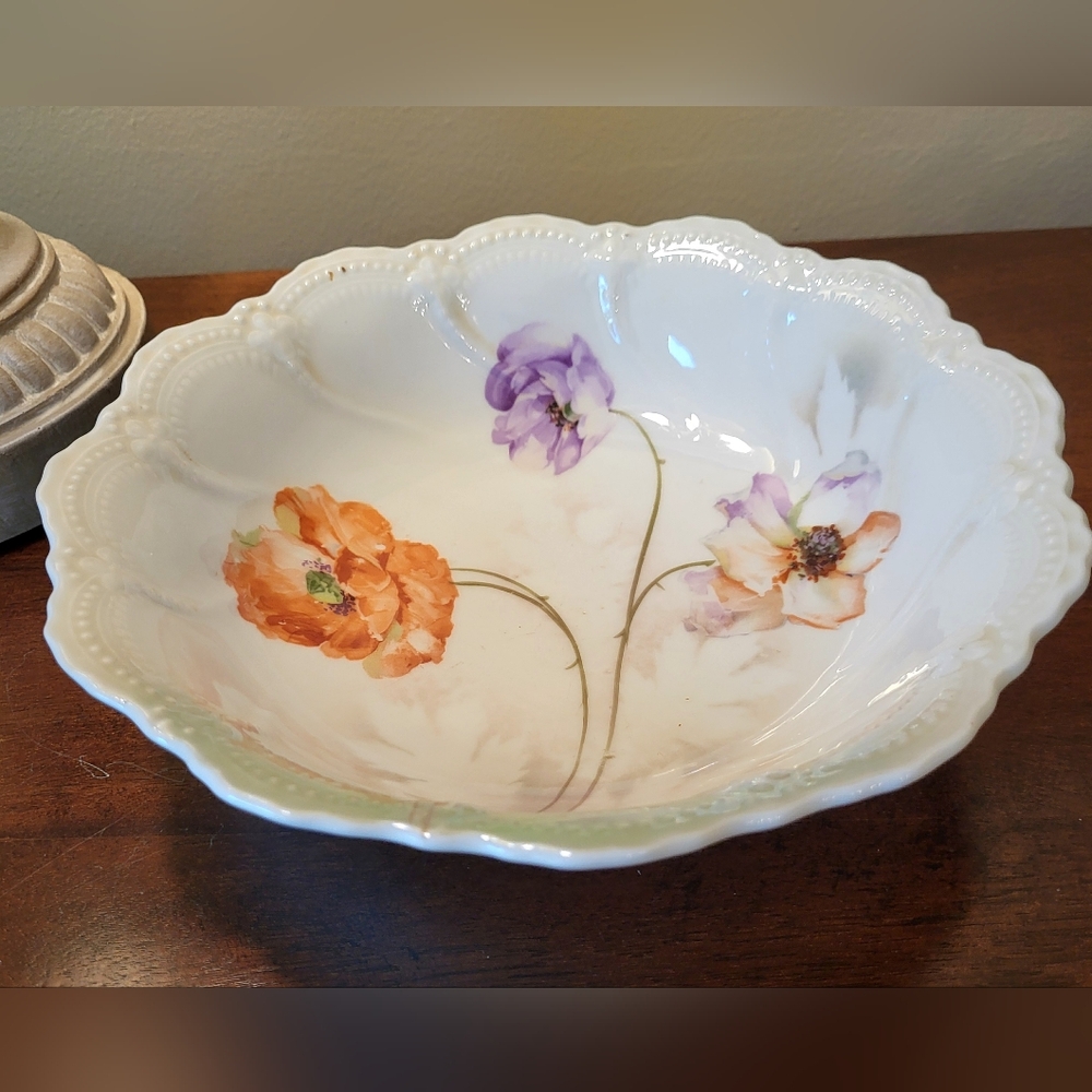 Vtg Leuchtenburg Germany Porcelain Bowl Handpainted Orange Purple Flowers Luster